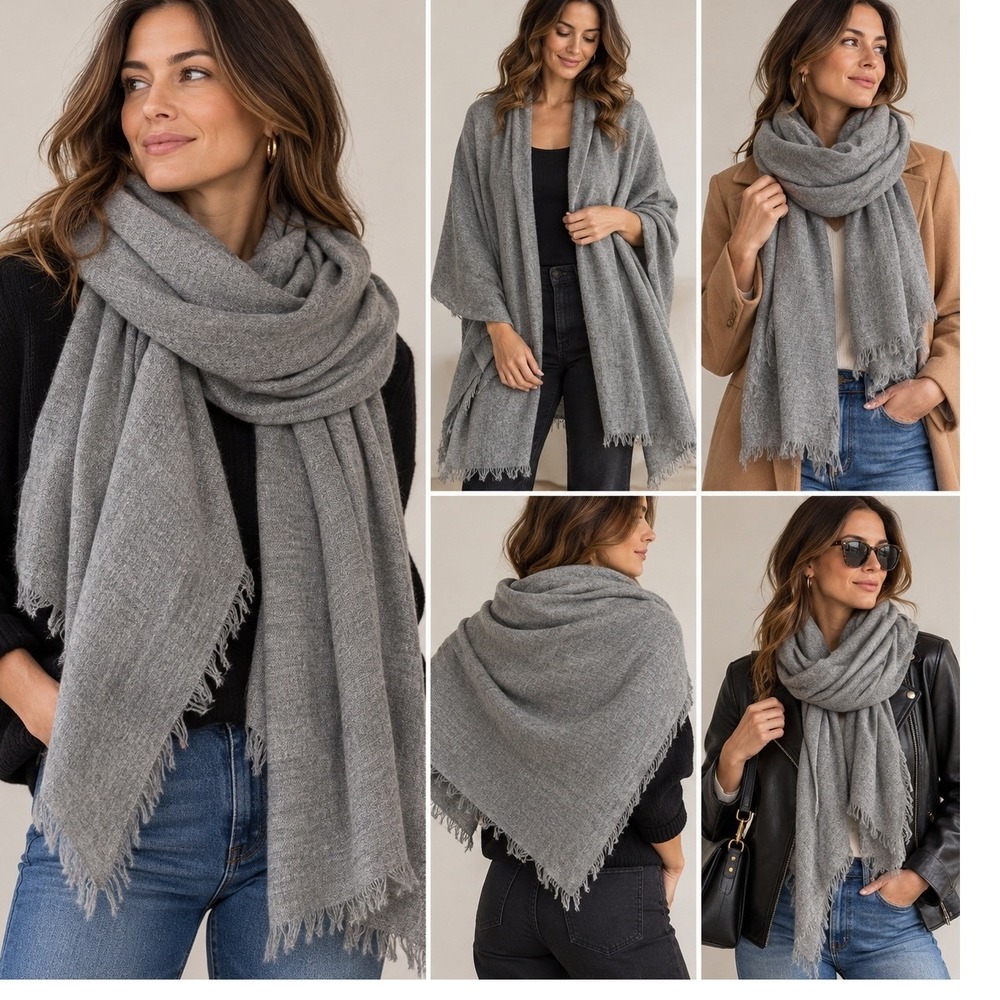 Womens Gray 100% Cashmere Oversized Scarf Wrap 40x76 Quiet Luxury Old Money Long